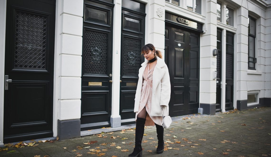 outfit-velvet-wrap-dress-and-white-teddy-coat-1-of-3